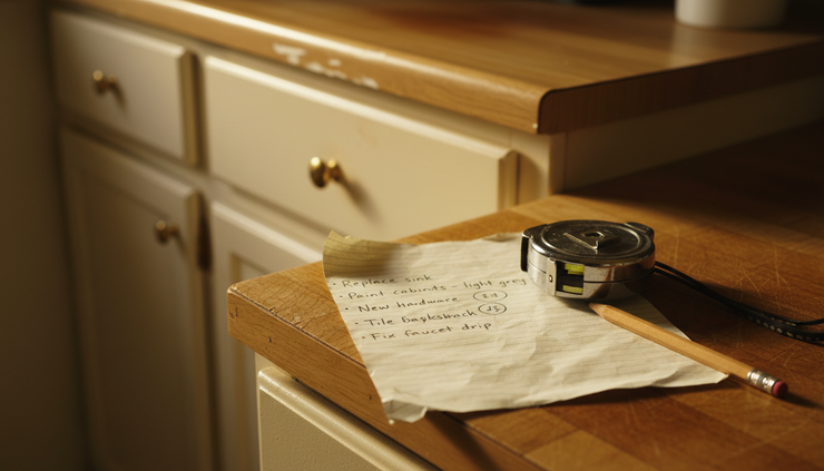 Close-up view of marked-up renovation notes and a tape measure on an old kitchen counter