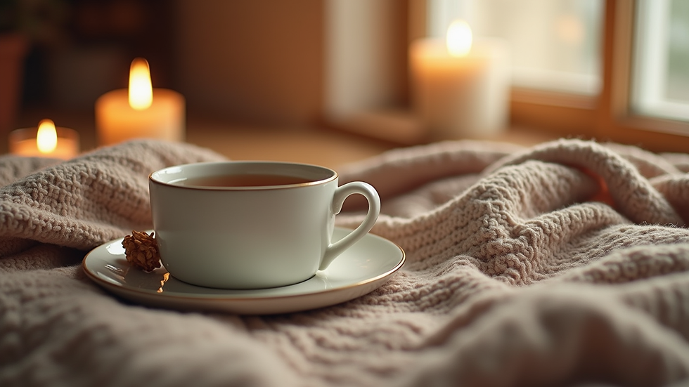 Close-up view of a cozy indoor setup with a warm blanket and a cup of tea