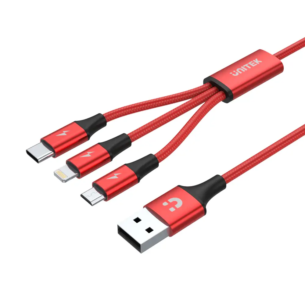 3 合 1 USB-A 轉 USB-C / Micro USB / Lightning Red 通用充電線 (最高支援 2.4A 快充)