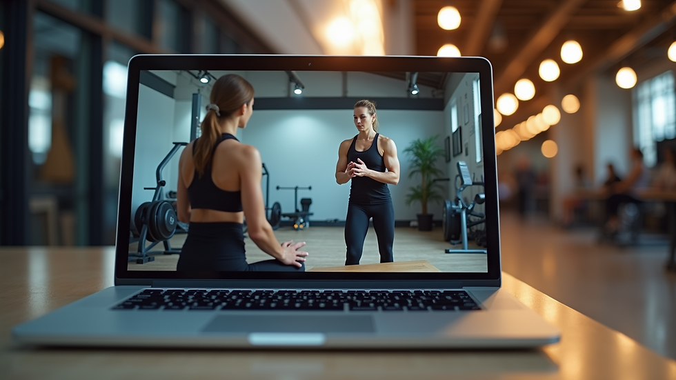 Eye-level view of a laptop showing a virtual fitness coaching session