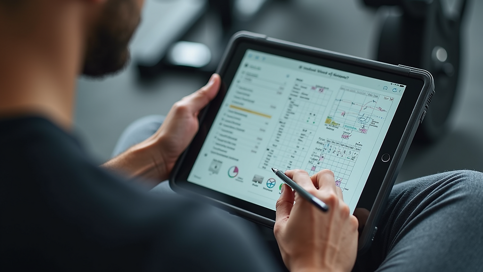 Eye-level view of a fitness coach designing a workout plan on a tablet