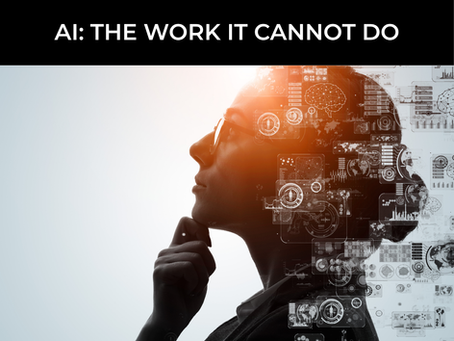 Side profile of a thoughtful person in glasses, hand on chin, with digital interface graphics, a brain network icon, and data charts overlaid on the back of their head. Text reads "AI: The Work It Cannot Do."