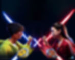 Two Beyblades players face one another in a dark room, with Beyblades in hand, ready to battle