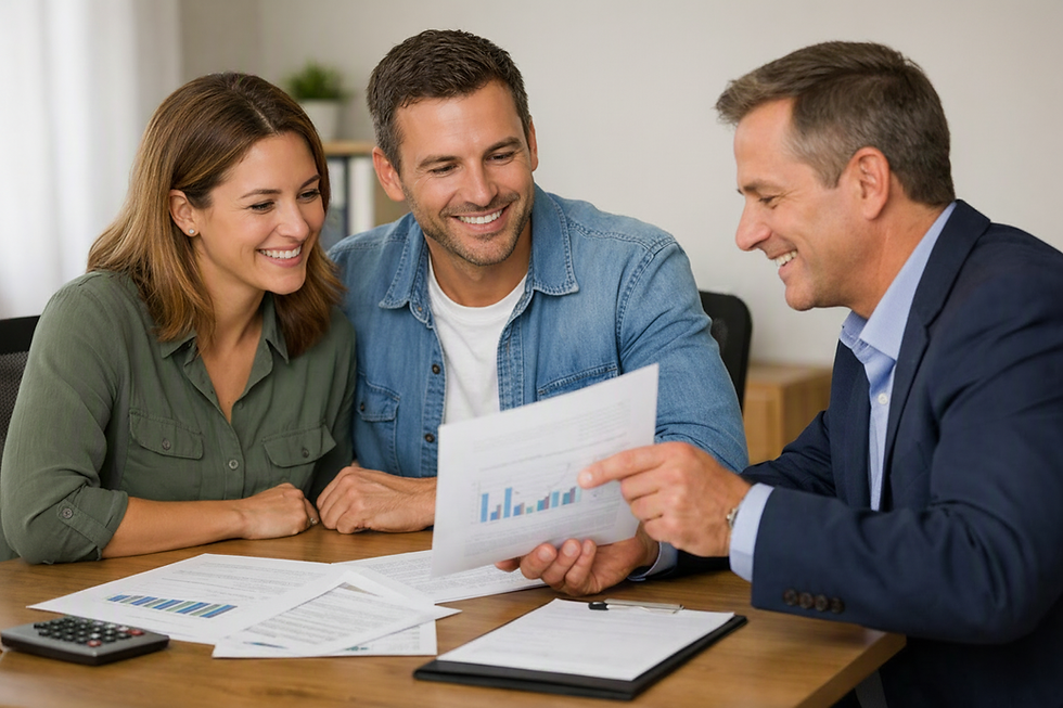 Financial advisor in a suit meeting with a smiling couple at a desk reviewing documents