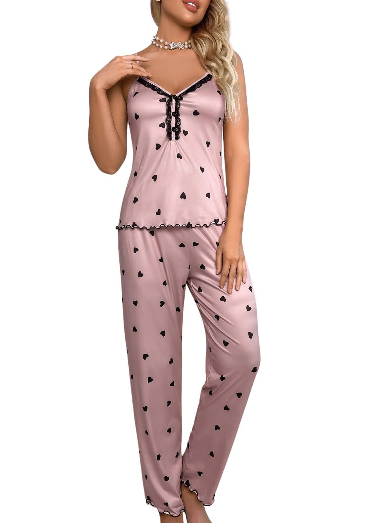 COZYEASE Womens 2 Piece Pajama Set Heart Print Lace Trim Cami Top and Pants Cute