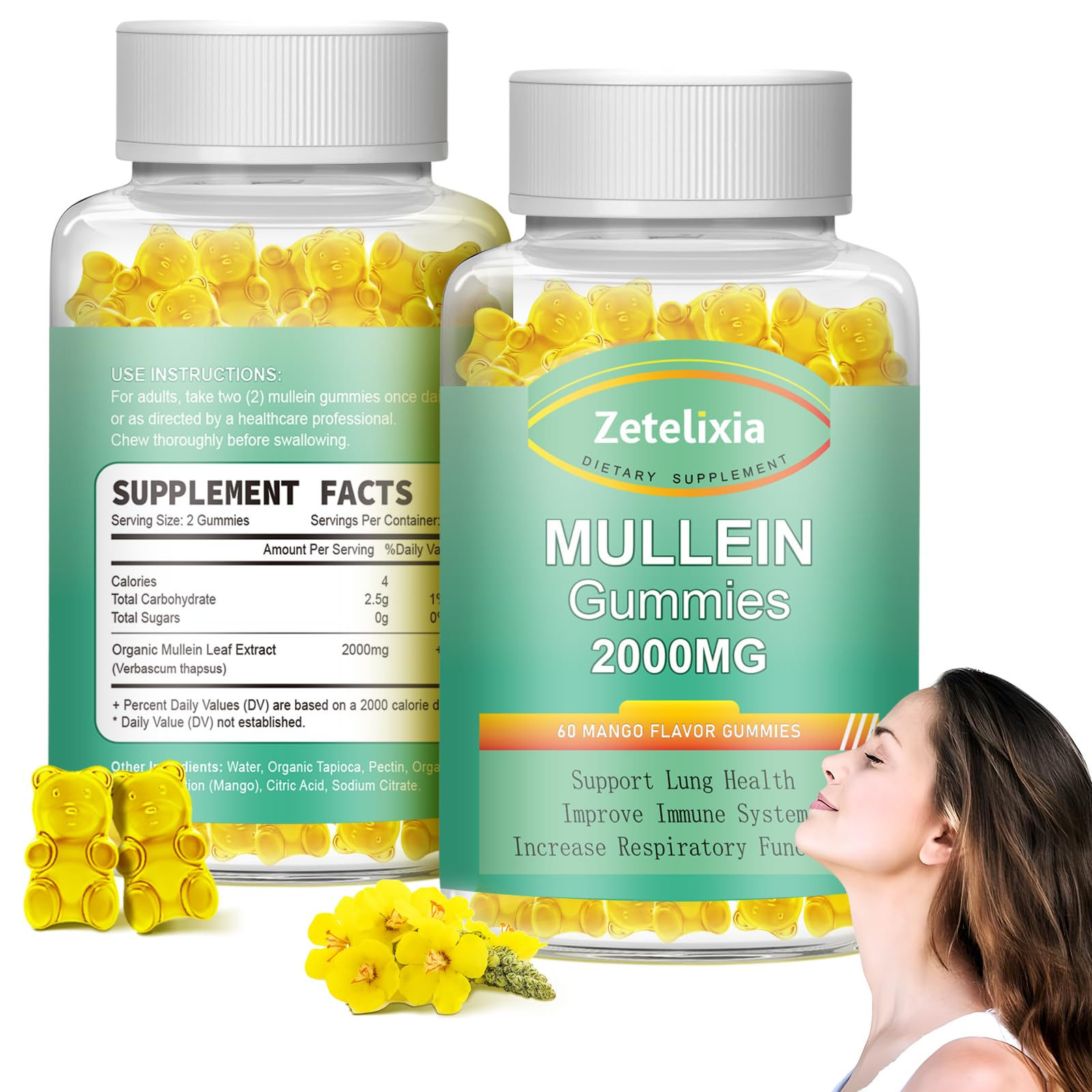Zetelixia 2 Pack Mullein Gummies - 2000mg Mullein Leaf Extract for LungsLung Det
