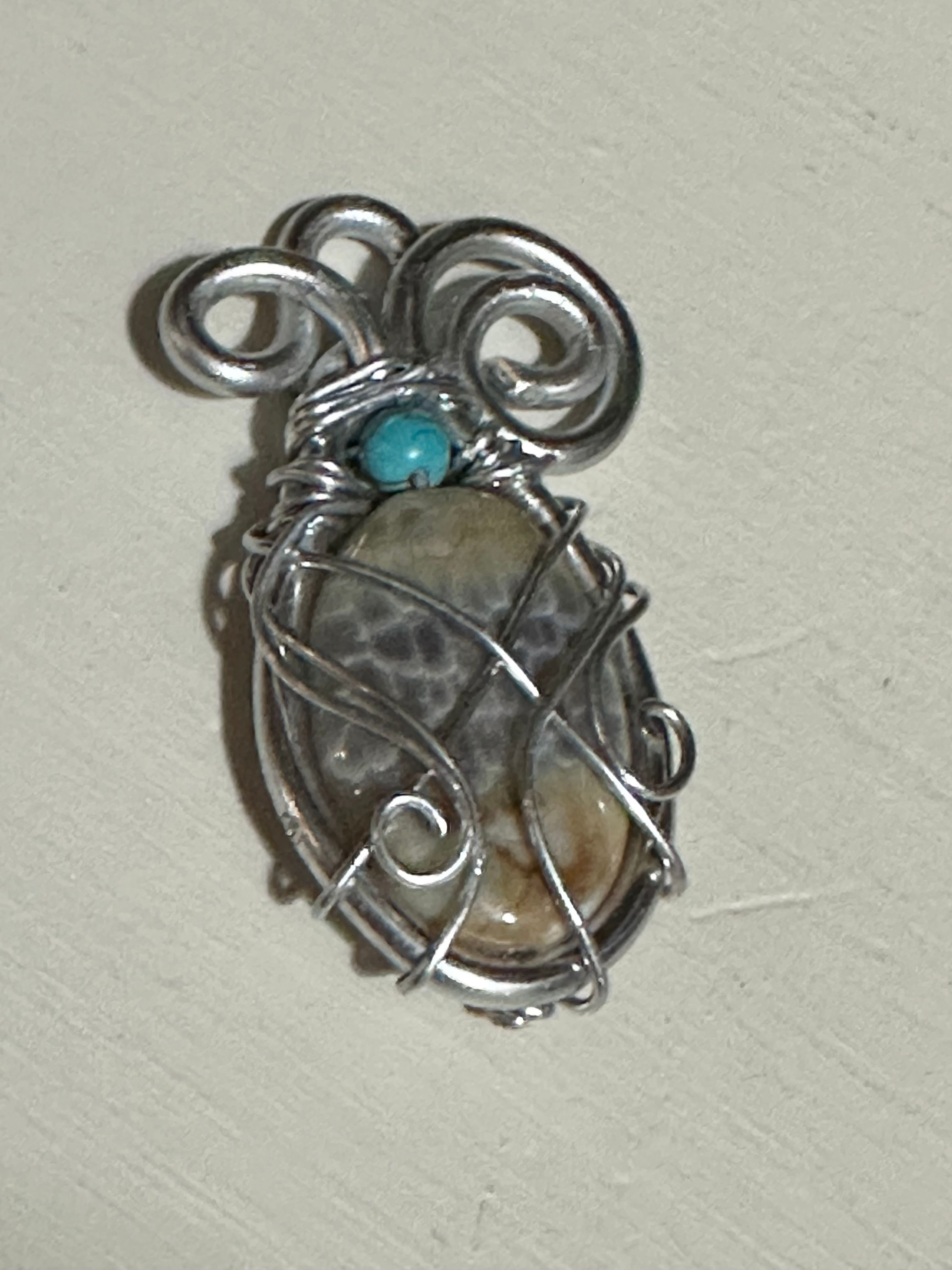 Snakeskin agate wire wrapped twisted w turquoise bead