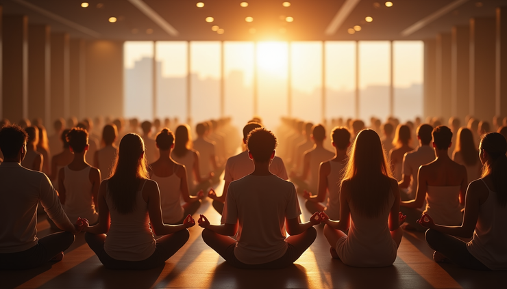 Eye-level view of a large group of people sitting in meditation in a spacious conference hall