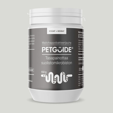 PetGuide-bakteerilisän pakkaus. Valkoisessa purkissa on kuvattu suolistoa ja siinä liikkuvia bakteereja