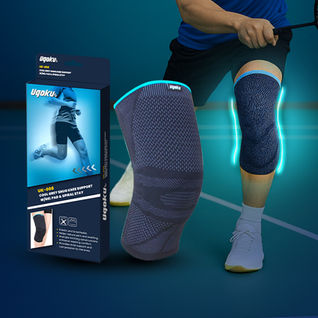 Man wearing knee brace; Apera logo on the product box, knee support, injury protection.