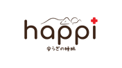 Happi logo with brown text and a red dot on a black background.