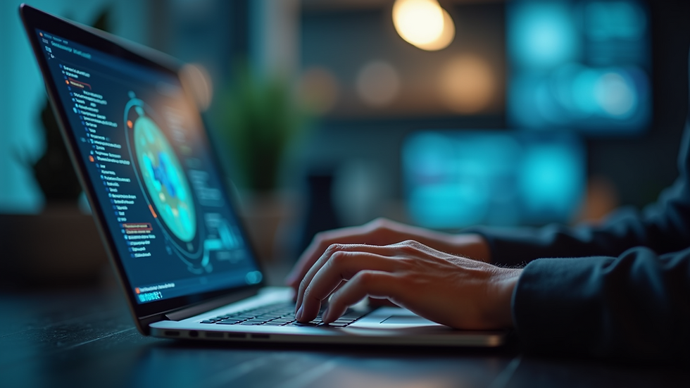 Close-up view of a person using a customized software system on a laptop