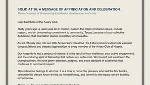 SOLID AT 30, A MESSAGE OF CELEBRATION AND APPRECIATION FROM ELDERS IN COUNCIL