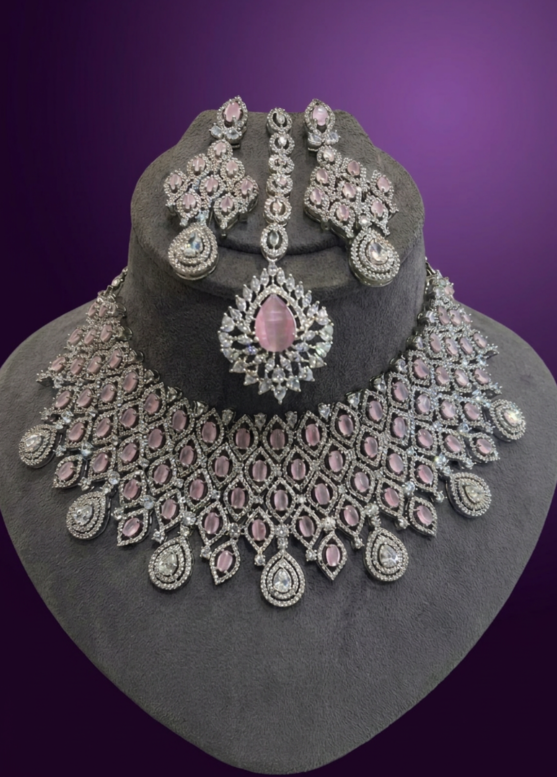 Light Pink and Clear Crystal Choker on White Gold Plated Necklace Set