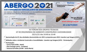 Dia 23/11/21 Fórum dos Grupos Técnicos da ABERGO: Ergonomia em Ambiente Construído e Acessibilidade.