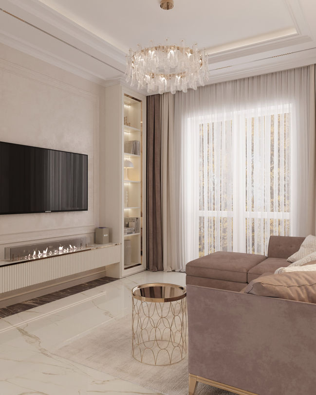 Гостиная с камином и ТВ-зоной в современном исполнении