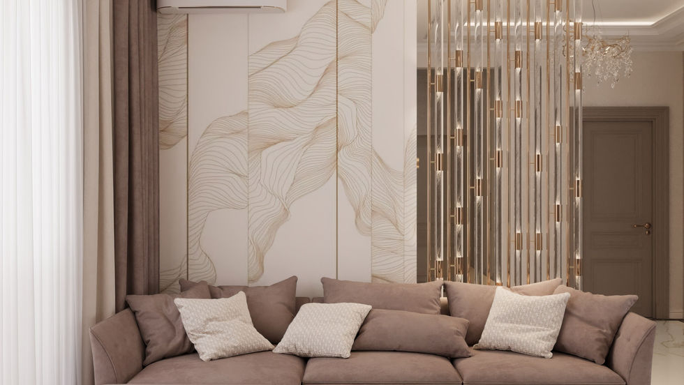Гостиная с большим модульным диваном и декоративной панелью