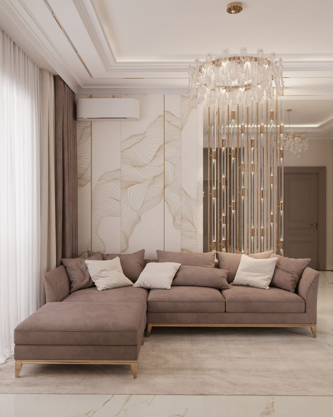 Гостиная с большим модульным диваном и декоративной панелью