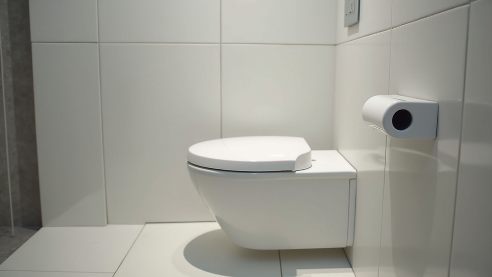 Eye-level view of a sleek white one-piece toilet in a modern bathroom