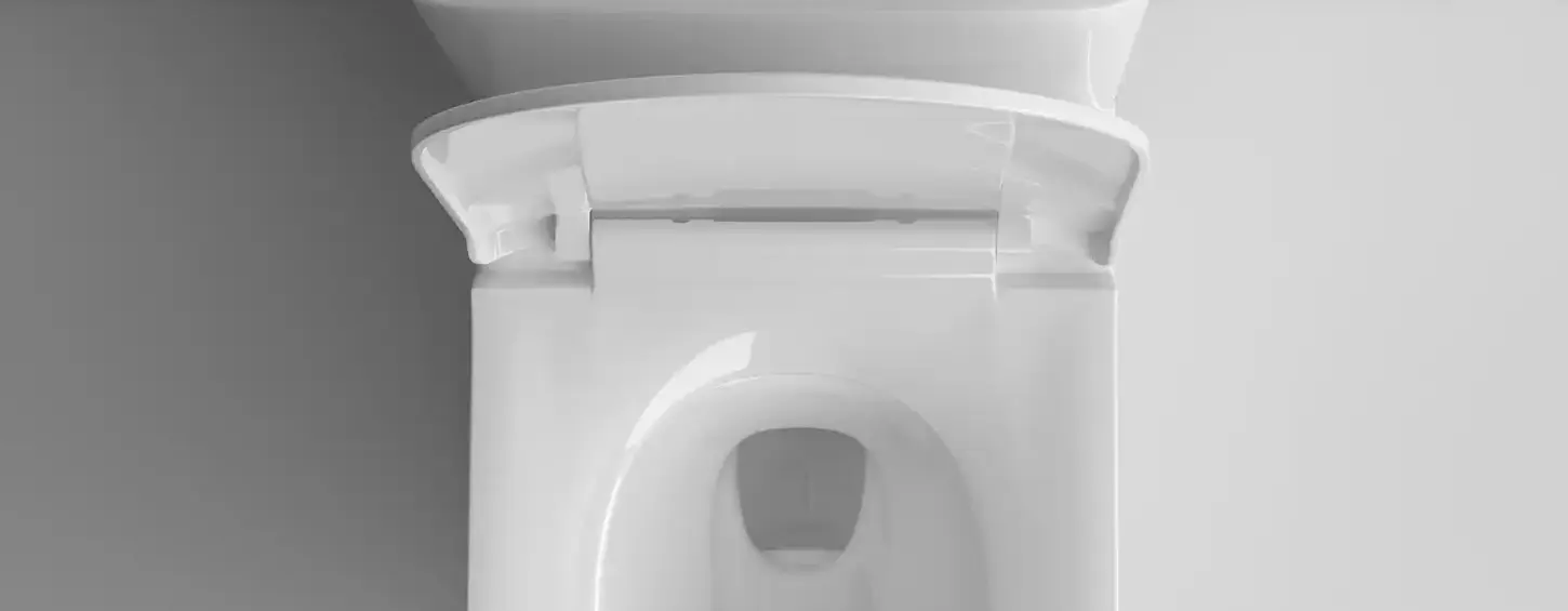 Overhead top view of rimless one-piece ceramic toilet. It features anti-splash shallow water zone and powerful 360° single vortex flush system. Fully glazed wide trapway and rimless bowl design eliminate dirt buildup, delivering effortless daily cleaning for residential bathrooms.