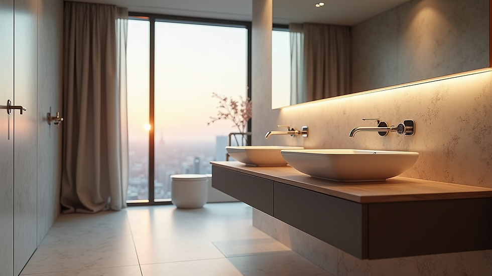 Eye-level view of a luxury bathroom vanity with integrated sink and LED mirror