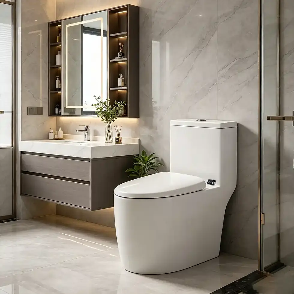 Eye-level view of a sleek one piece toilet installed in a modern bathroom