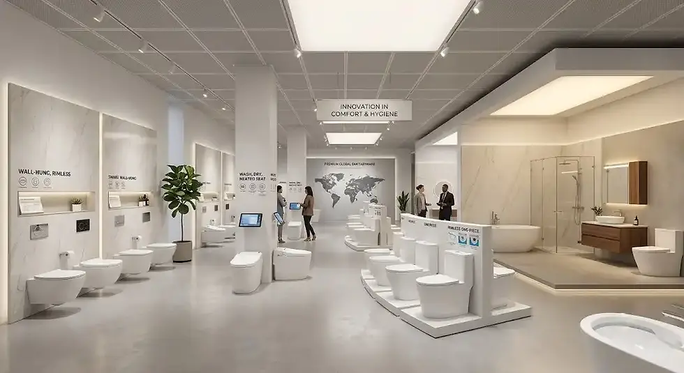 Modern showroom displaying various toilet models suitable for residential, commercial, and hospitality markets worldwide.