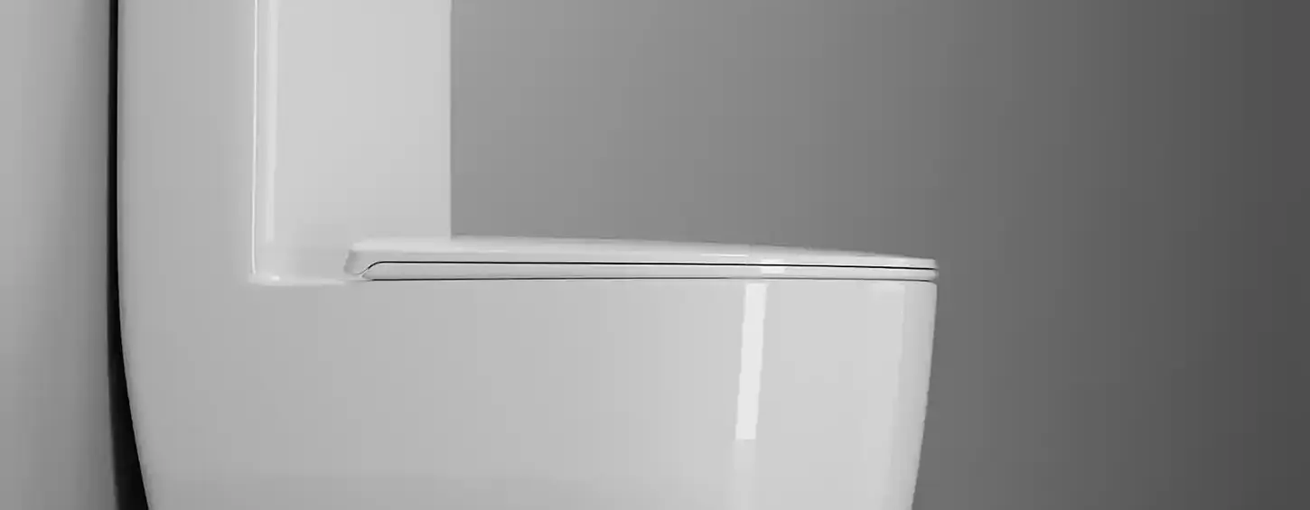Horizontal left side shot of an integrated one-piece ceramic toilet with smooth curved lines. Seamless one-piece molding reduces dirt and mold growth under hot, humid tropical climates in Southeast Asia. High-gloss ceramic glaze resists limescale and yellowing, ideal for residential apartments and hotel renovation projects.