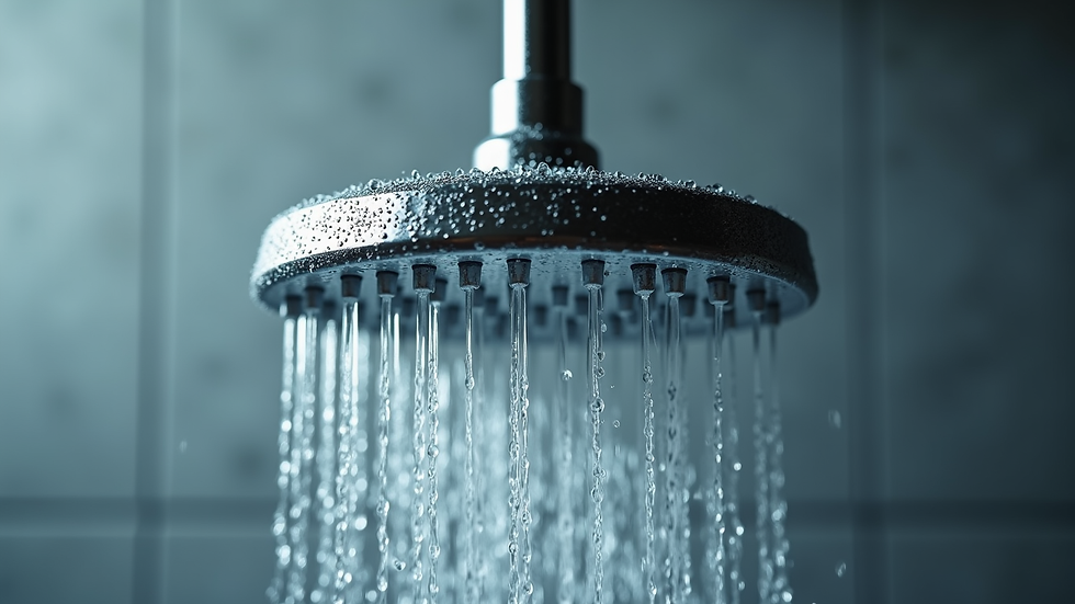 Close-up view of chrome showerhead with water droplets