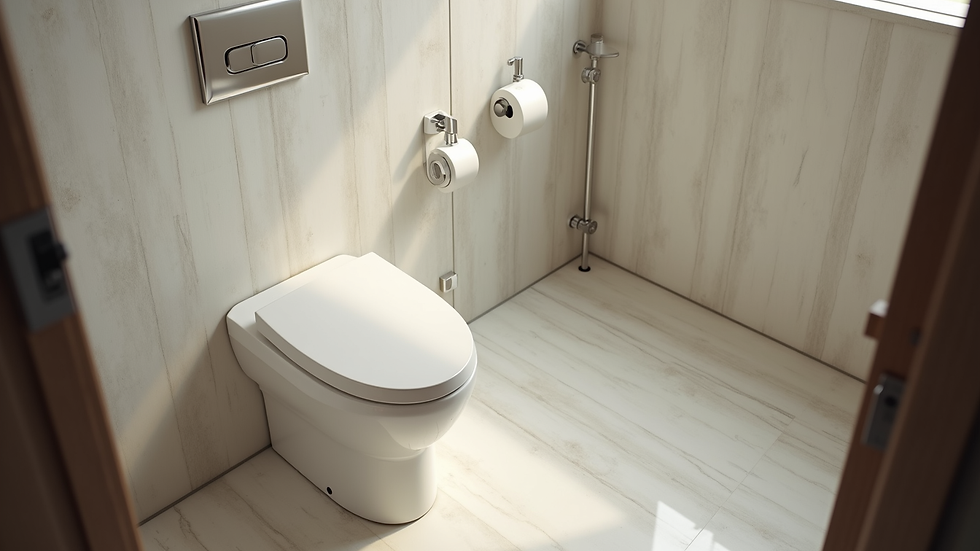 High angle view of a modern bathroom featuring a one-piece toilet and elegant fixtures