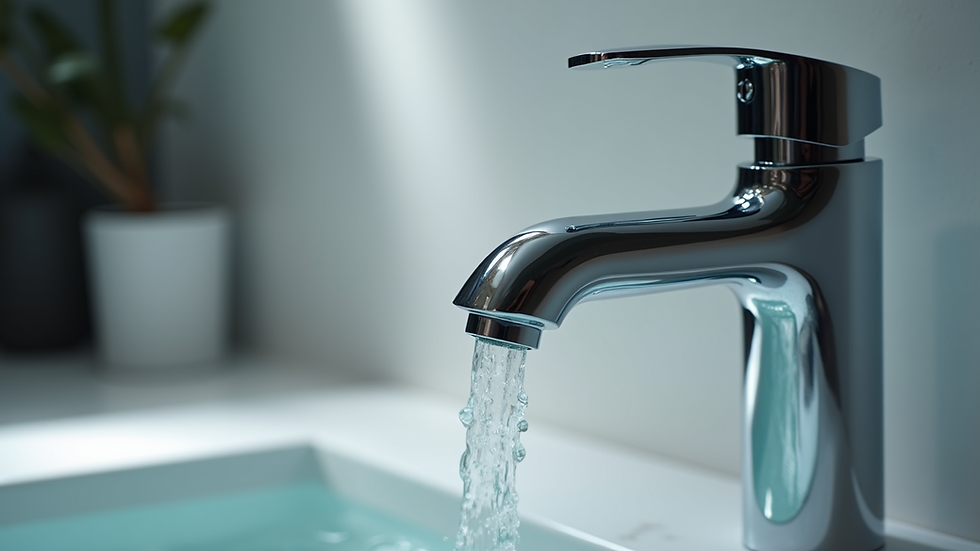 Close-up view of a modern chrome faucet with water flowing