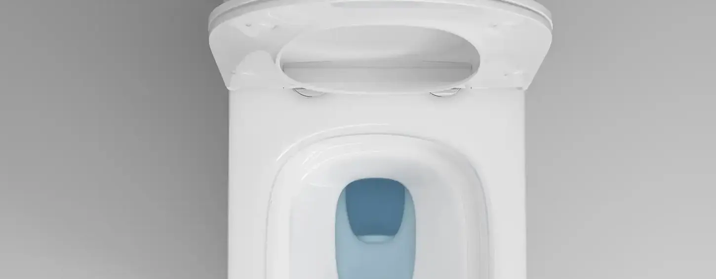 Top-down overhead photo of model SA5015 rimless one-piece toilet, designed for hot and humid Southeast Asian climates. The rimless bowl removes dirt traps, paired with anti-splash shallow water area to stop splashes. Full glazed wide trapway with vortex flushing performs stably under low water pressure, nano stain-resistant glaze prevents mold and yellow stains, ideal for condos, landed houses and renovation projects in Malaysia, Indonesia, Thailand, Singapore and Bangladesh.
