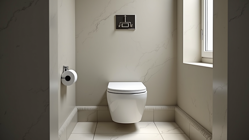 Eye-level view of a modern one-piece upflush toilet installed in a compact bathroom