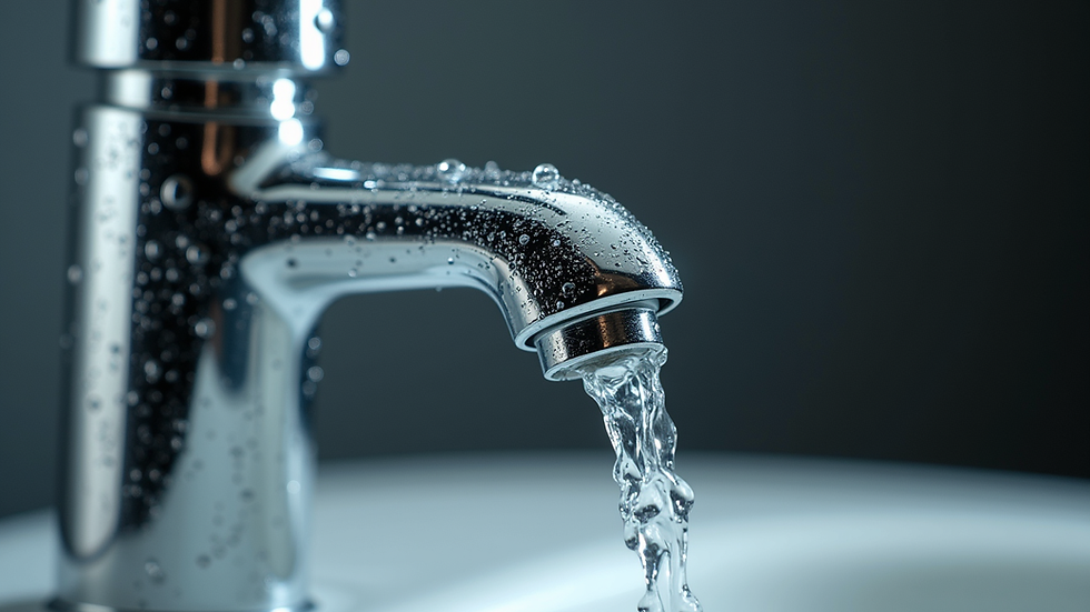 Close-up view of a chrome faucet with water droplets