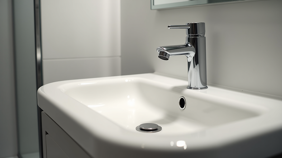 Eye-level view of modern bathroom sink with chrome faucet