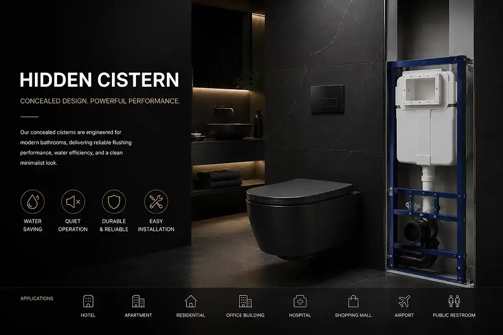 Premium concealed toilet cistern manufacturer banner featuring an in-wall flush tank, wall hung toilet, and modern dark bathroom design. Engineered for hotels, apartments, commercial buildings, residential developments, and OEM bathroom projects.