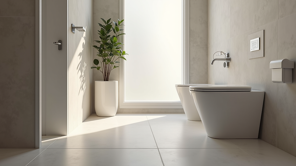 Eye-level view of a modern bathroom featuring a rimless toilet and minimalist decor