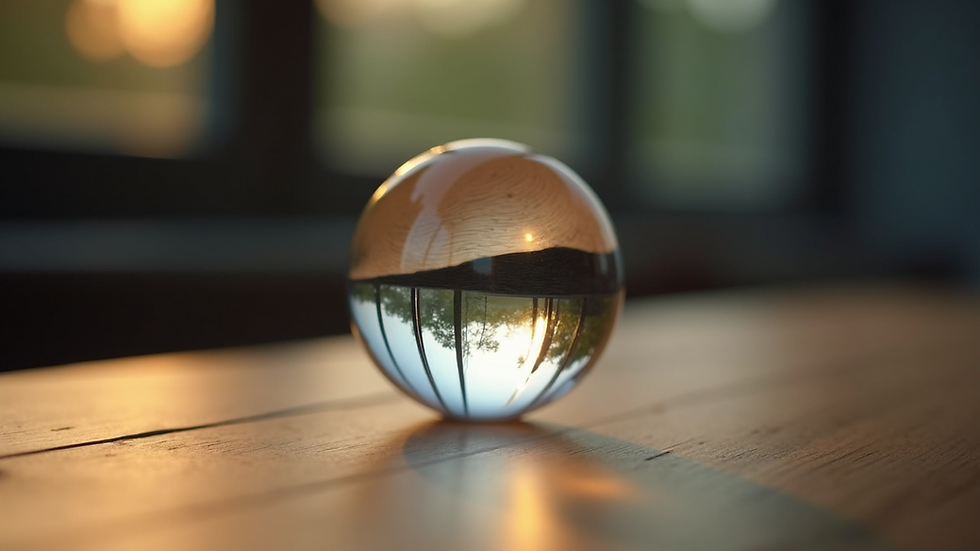 Close-up view of a crystal ball on a wooden table with soft lighting