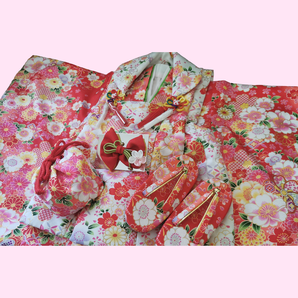 Thumbnail: 赤ピンク花柄被布  七五三セット女の子  3歳 / Red Pink Flower Hifu Girls Shichigosan Set 3Y