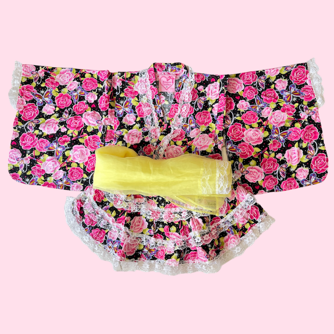 子供  女の子  浴衣ドレス  黒ｘピンク  5-8Y  120cm / Girls Yukata Dress Black x Pink 5-8Y 120cm