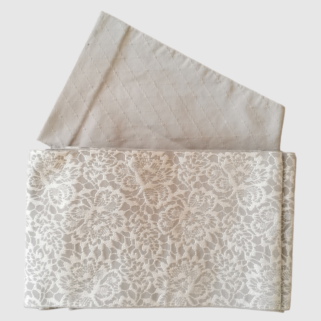 半幅帯 レース柄 リバーシブル白xグレー / Half-width Obi Lace Design Reversible White x Grey