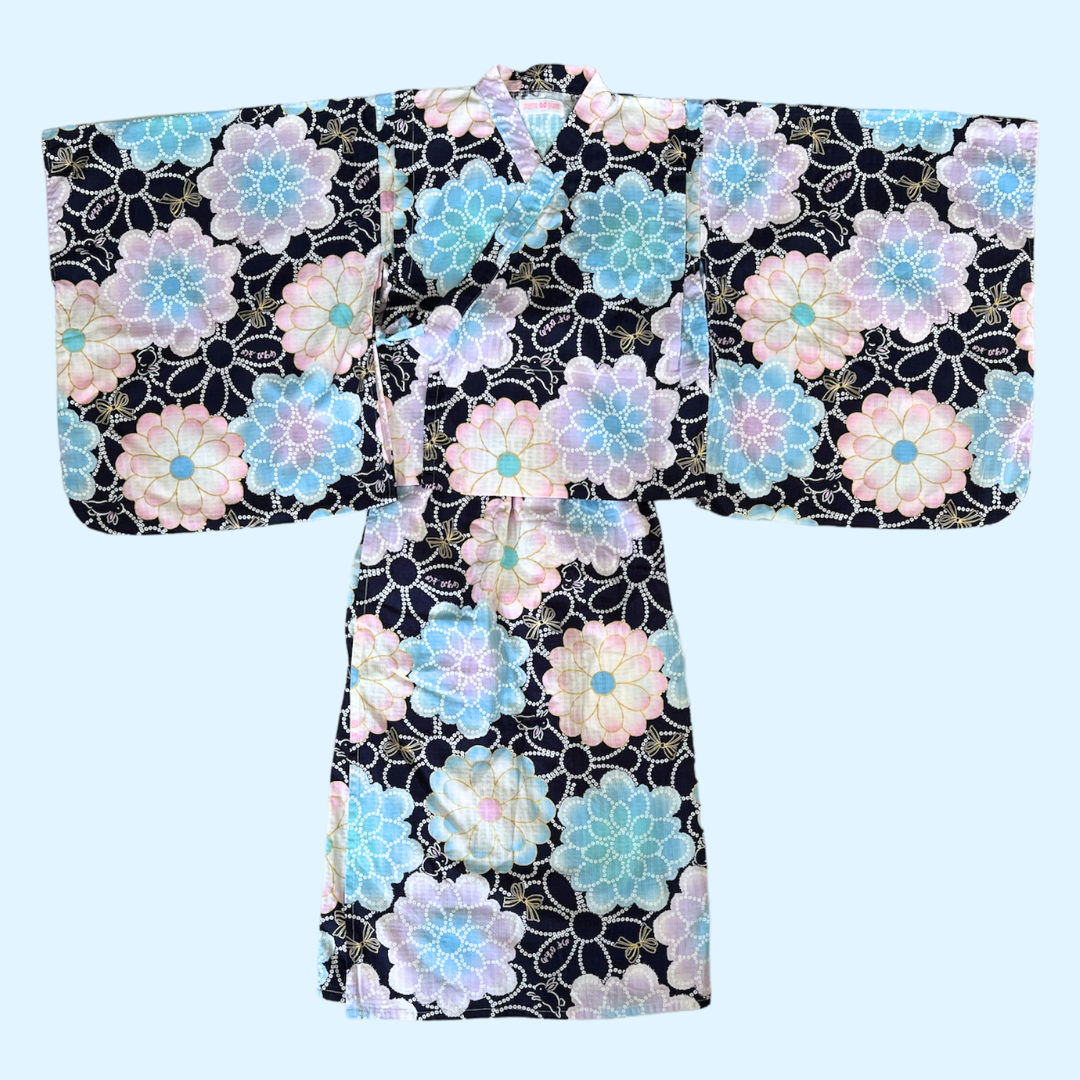 子供  女の子  2部式  浴衣  紺色  9-11Y 140cm / Girls 2-piece Navy Glitter Flower Yukata