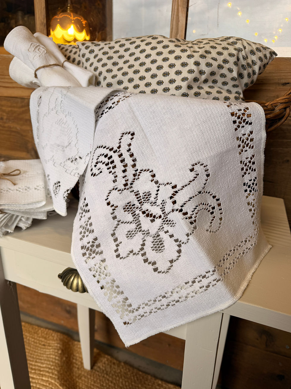 Miniature : Serviettes anciennes brodées en coton- Lot de 2