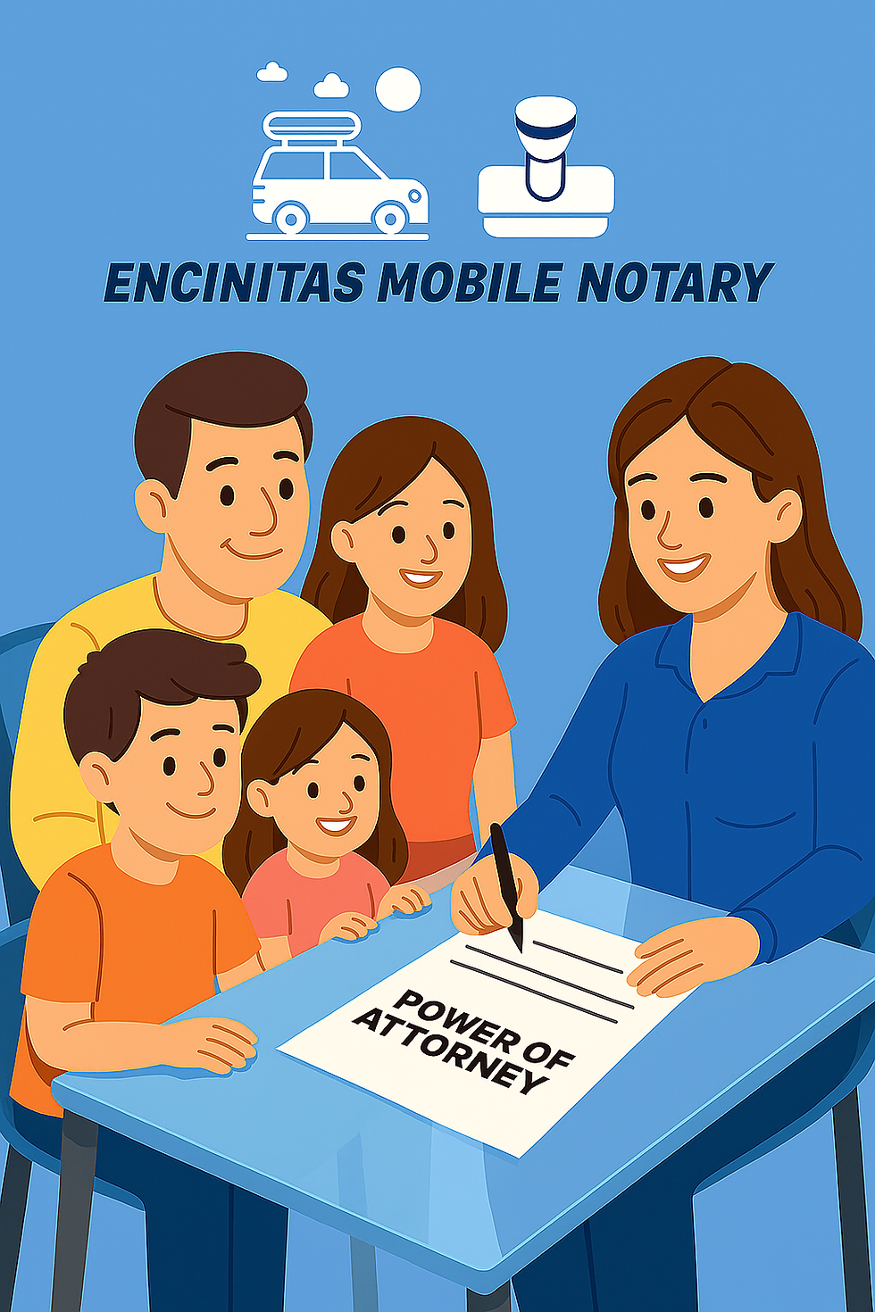 Friendly family signing Power of Attorney documents with Christina Kuykendall of Encinitas Mobile Notary — professional mobile notary public services in North County San Diego for estate planning, living trusts, and family documents.