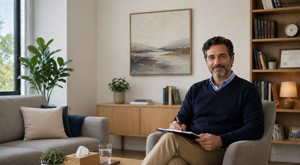 Psicólogo en español ofreciendo consejería matrimonial en un espacio profesional