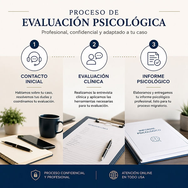 Proceso de evaluación psicológica para inmigración en tres pasos: contacto, evaluación clínica y entrega del informe