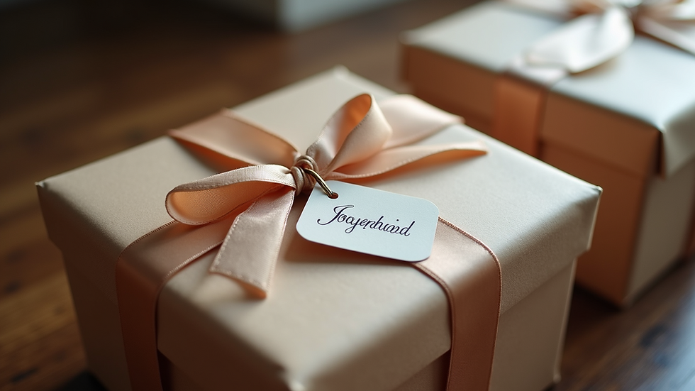 Close-up view of a beautifully personalized gift box with a custom name tag
