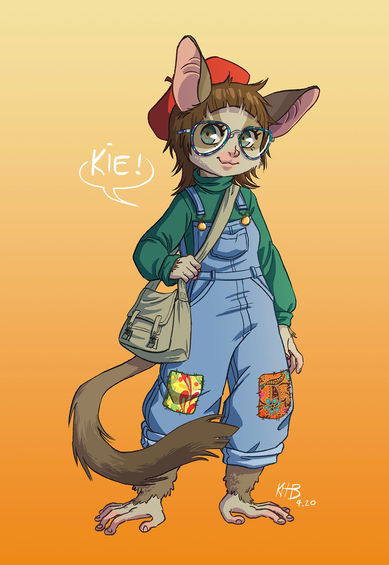 A female anthropomorphic bush baby or galago is shown dressed in a green turtleneck sweater, overalls, a red beret, and large glasses. She is holding a messenger bag. A word bubble next to her reads "Kie!". The background is an orange gradient. Made in Adobe Photoshop.