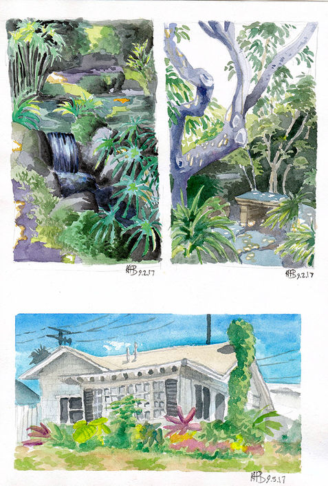 A page from a sketchbook featuring watercolor paintings of gardens and a house.