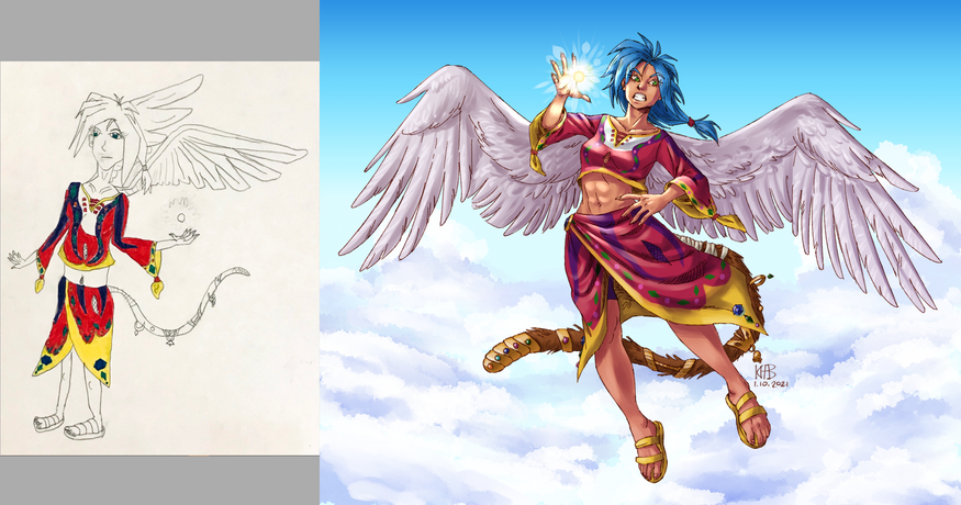 Two drawings are shown. On the left is a pencil drawing done by a child of an anime girl character with wings and a tail. Her outfit is partially colored in with markers. On the right is a fully rendered illustration of that same character, drawn by the same person as an adult. She now has blue hair and is shown flying through the sky. Drawn in Clip Studio Paint.